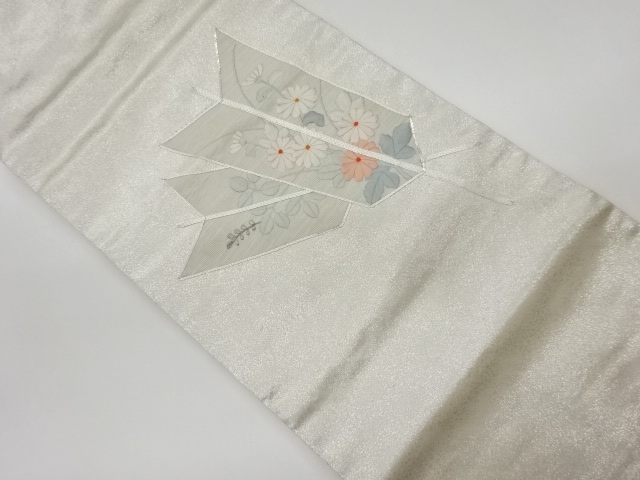 リサイクル　銀駒刺繍矢羽根に菊模様名古屋帯